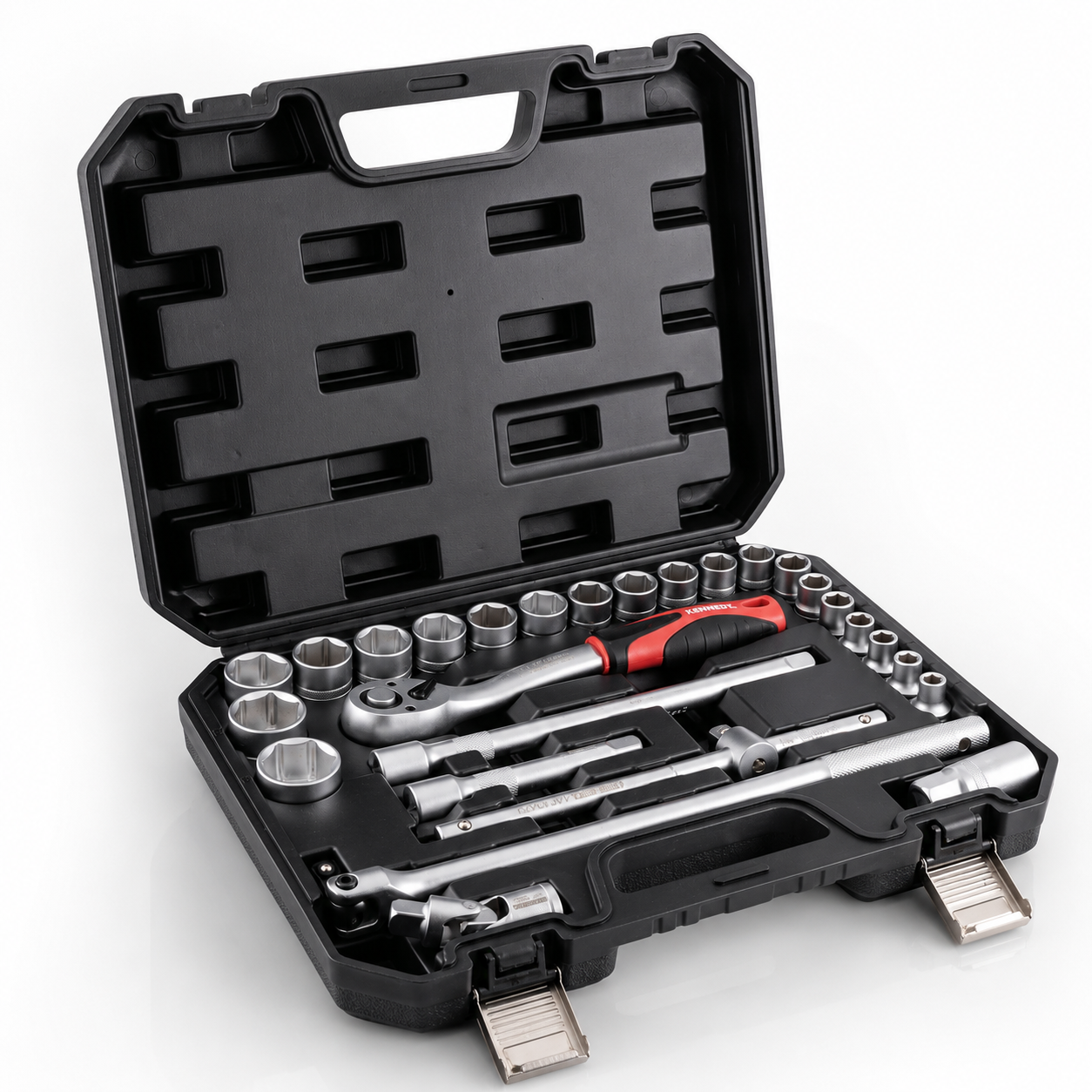 Open tool case with various tools including wrenches and sockets on a white background