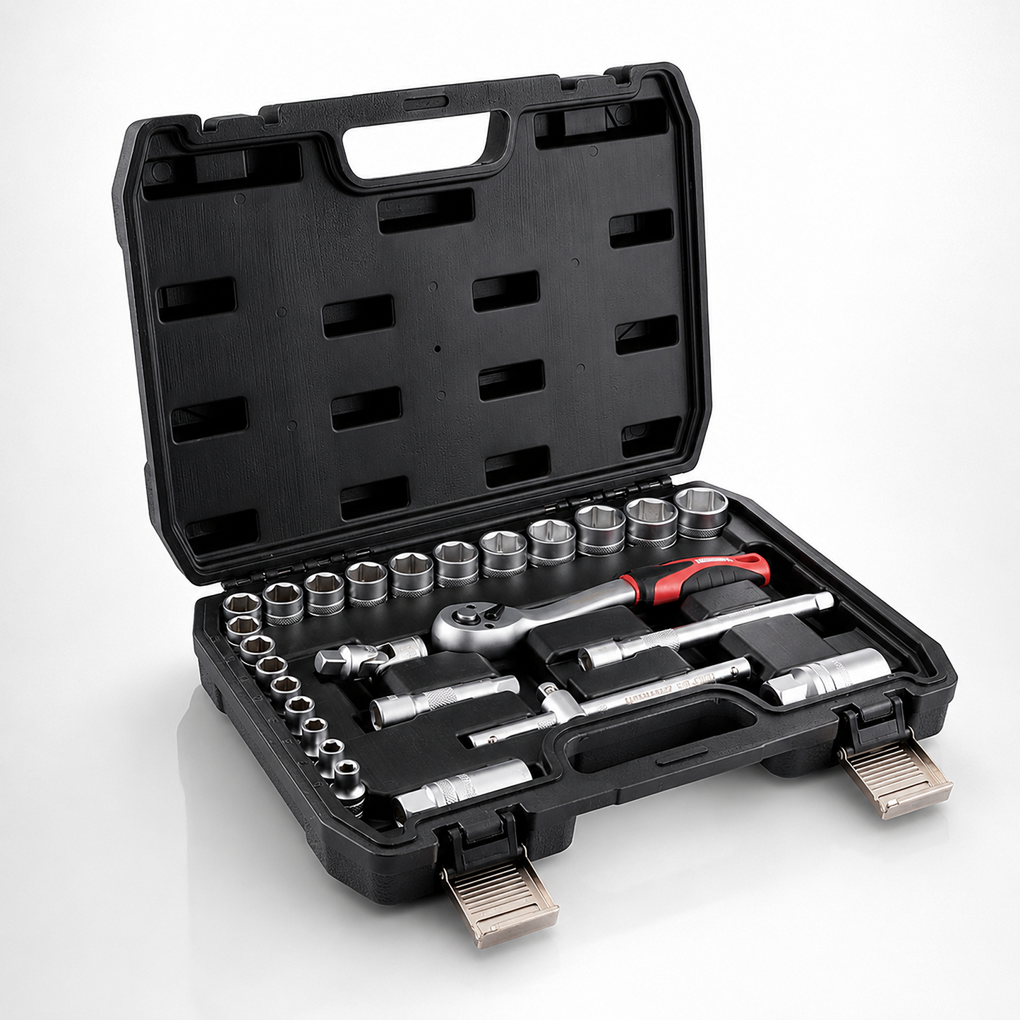 Open tool case with various tools including wrenches and sockets on a white background