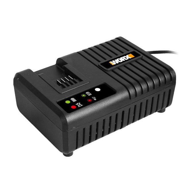 Black battery charger with visible brand logo on a white background