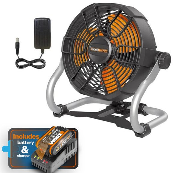 Portable fan with battery and charger on a white background
