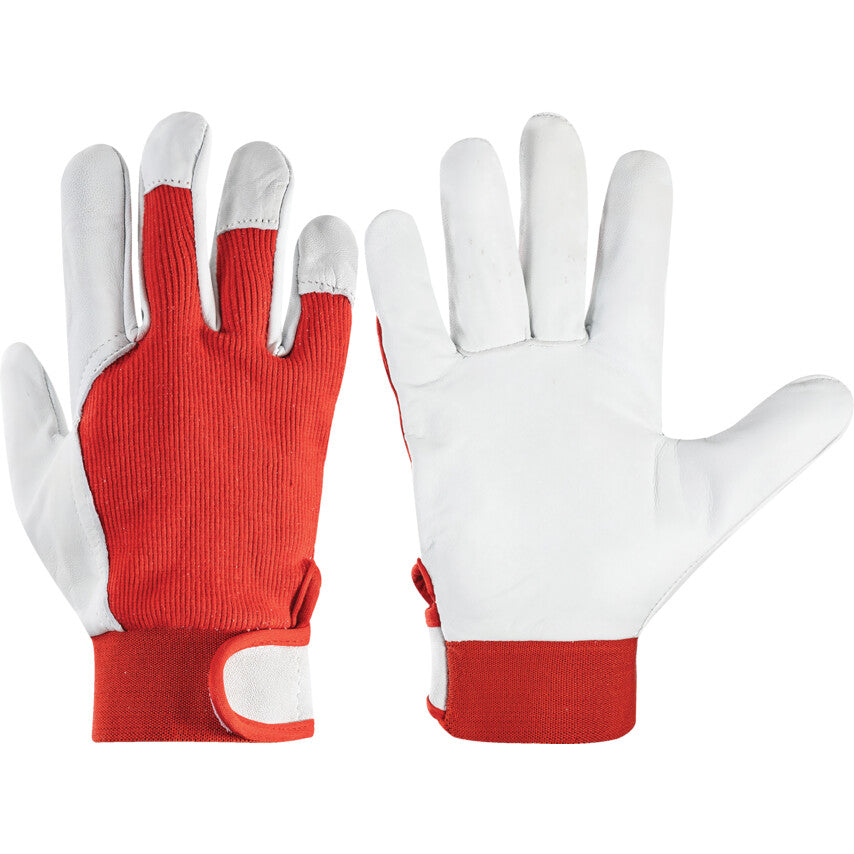 Goatskin Leather Work Gloves, Cotton Liner, Red/White, Size 9