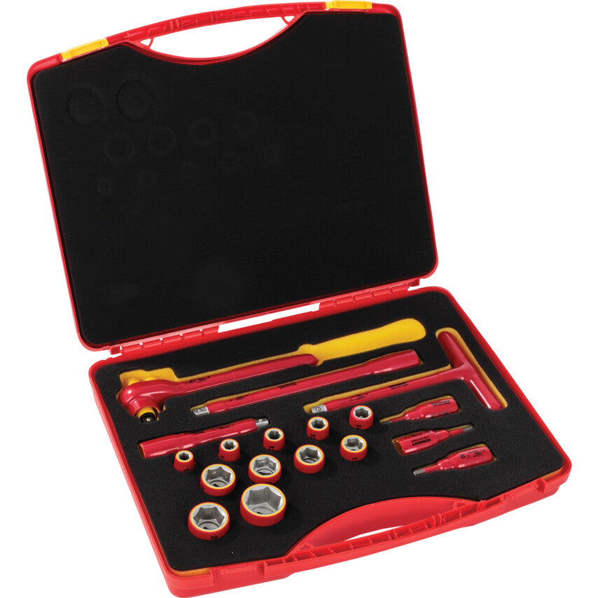 INSULATED VDE REVERSIBLE RATCHET SAFETY TOOL SET 1/2" SQ/DR 18-PCS