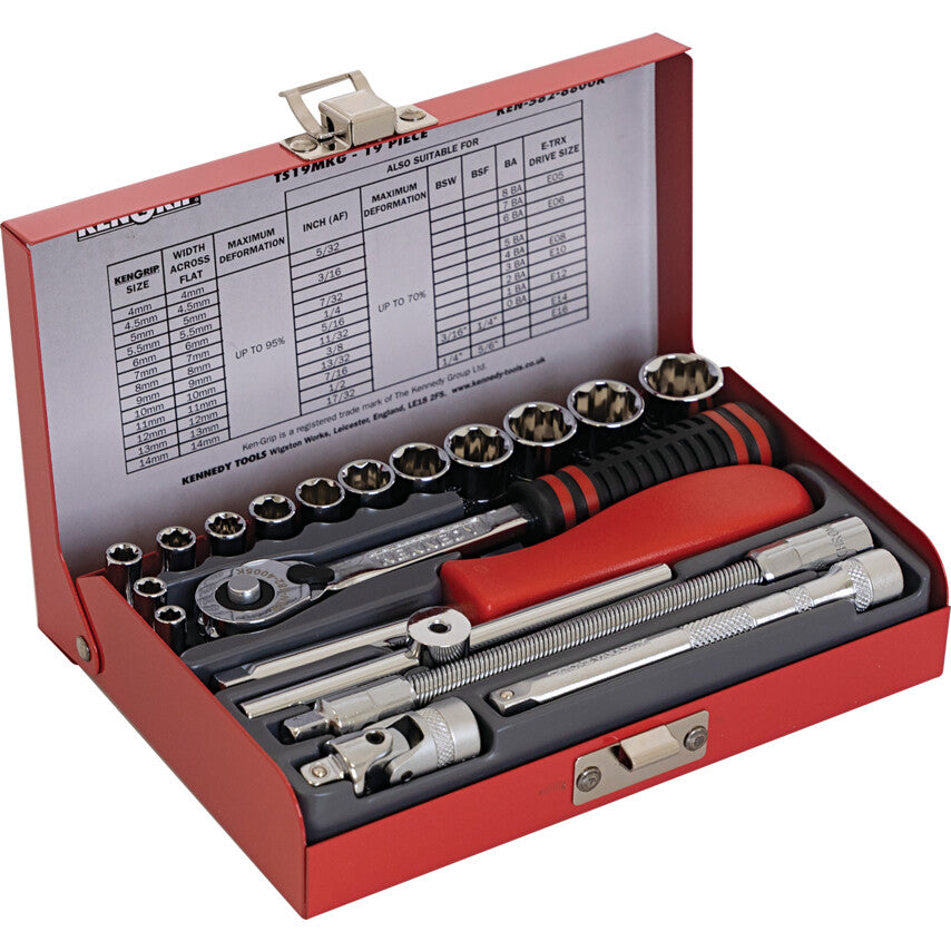 1/4in. Drive, Socket Set, Metric, 4mm - 14mm, Set of 19, Chromed Finish
