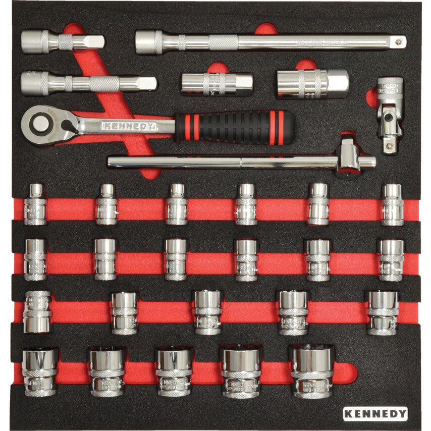 30 Piece Metric Ken-Grip 1/2in Square Drive Socket Set in 2/3 Foam Inlay for Tool Cabinets
