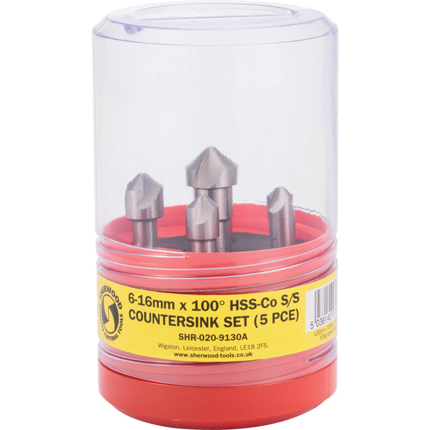 Countersink Set, Countersink, Straight Shank, Set of 5, Cobalt High Speed Steel, Bright