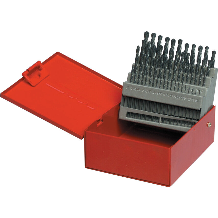 Jobber Drill Set, No.1 to No.60, Standard Length, Gauge, High Speed Steel, Set of 60