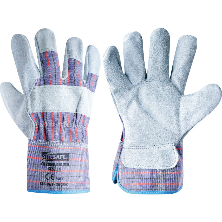 Leather Rigger Glove, Cotton Liner, Blue/White, Size 10