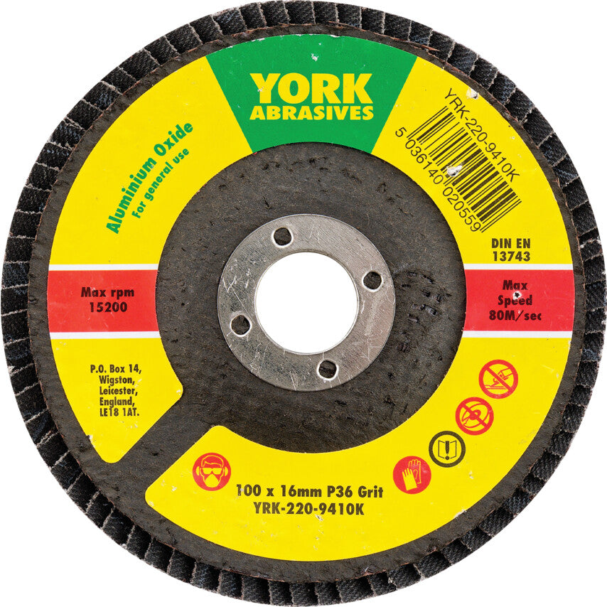 Flap Disc, 100 x 16mm, Conical (Type 29), P36, Aluminium Oxide