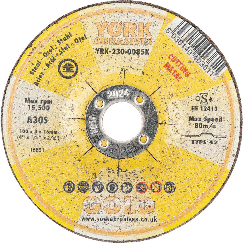 Cutting Disc, 30-Medium/Coarse, 100 x 3 x 16 mm, Type 42, Aluminium Oxide