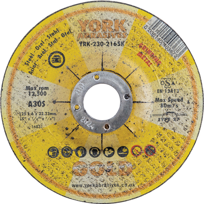 Grinding Disc, 30-Medium/Coarse, 125 x 6 x 22 mm, Type 27, Aluminium Oxide
