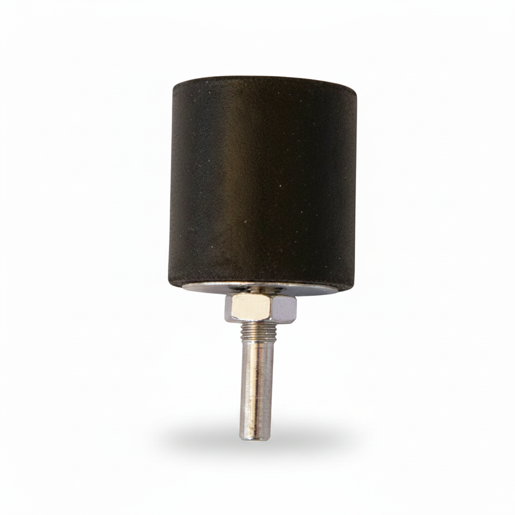 Black cylindrical abrasive band mandrel on a white background