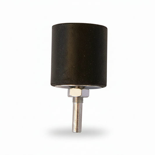 Black cylindrical abrasive band mandrel on a white background