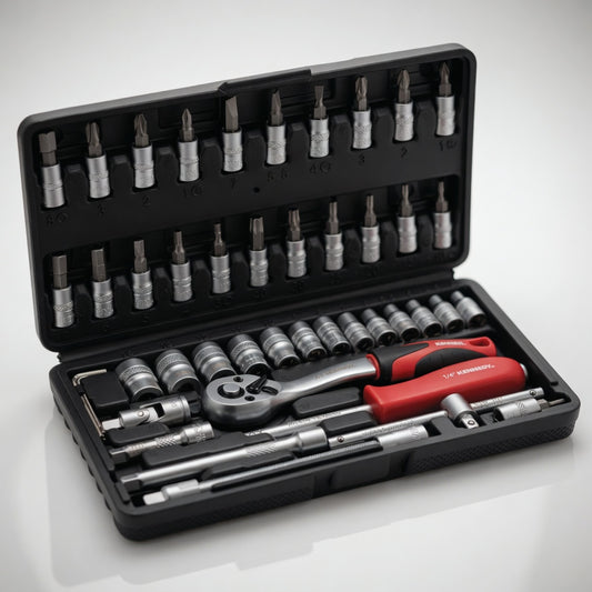 Open tool kit with various sockets and tools on a white background