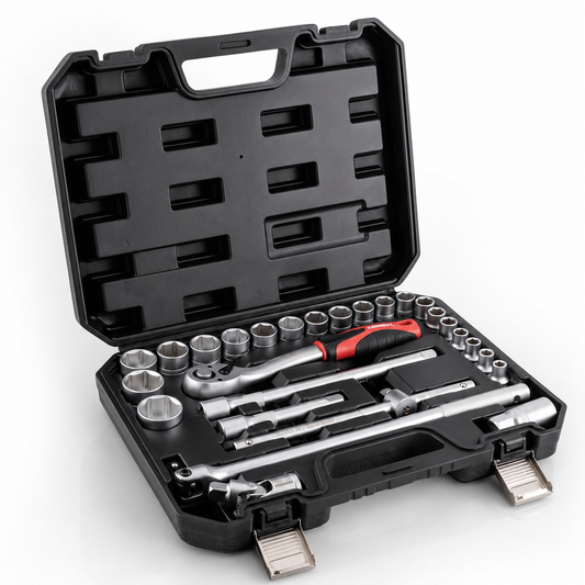 Open tool case with various tools including wrenches and sockets on a white background