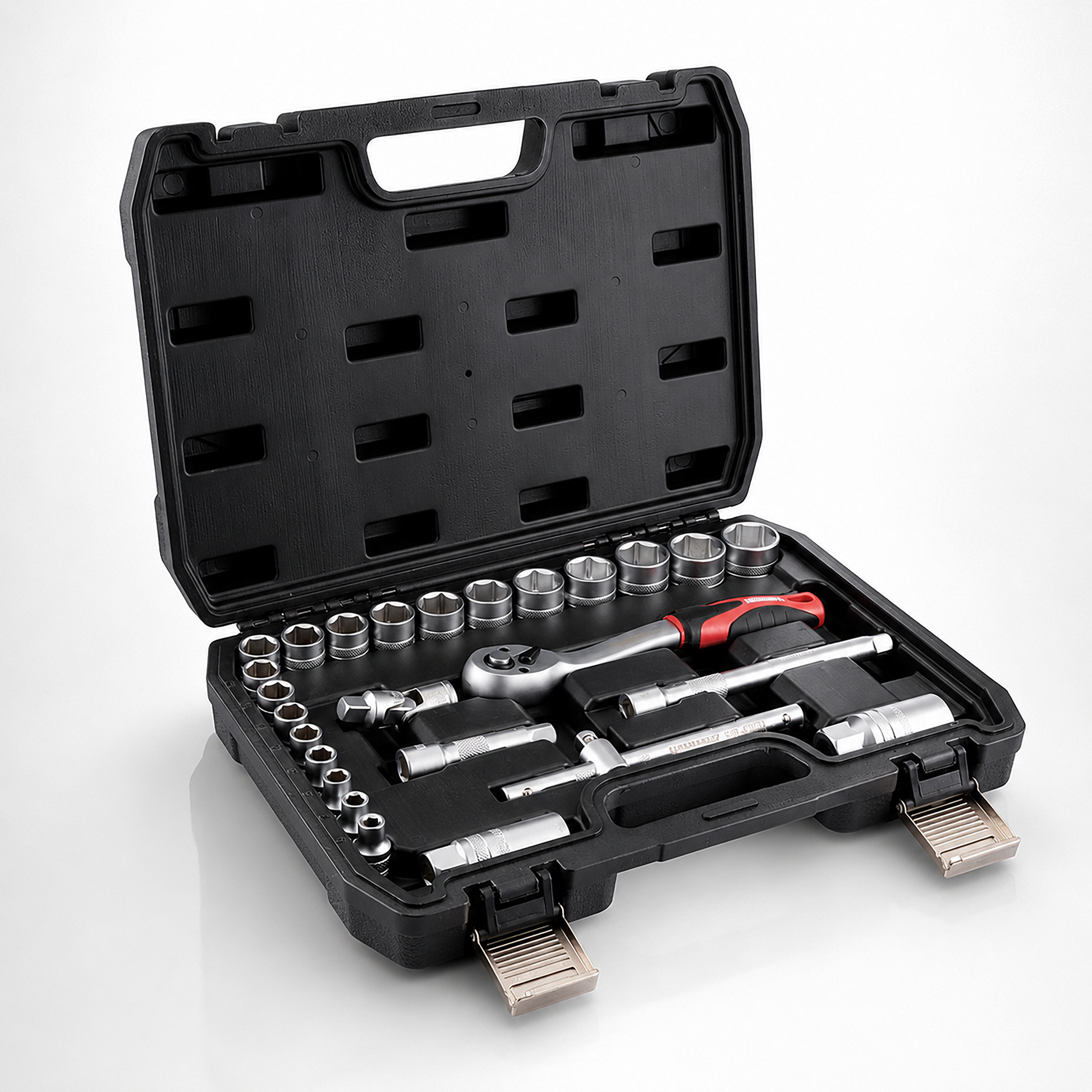 Open tool case with various tools including wrenches and sockets on a white background