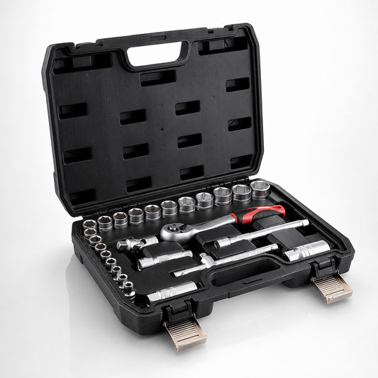 Open tool case with various tools including wrenches and sockets on a white background
