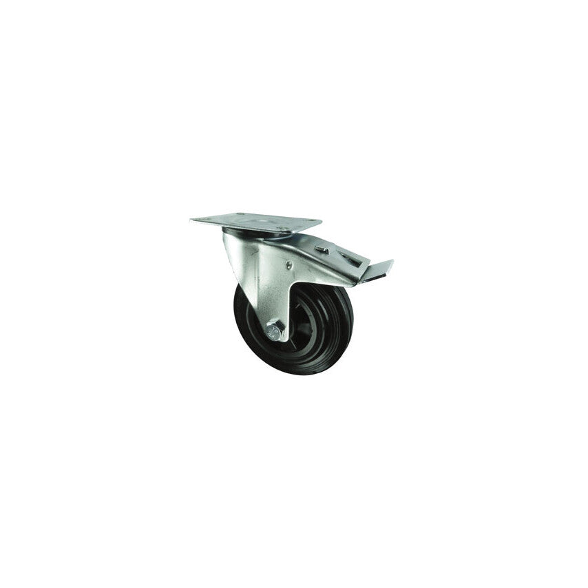 Medium Duty, Castor, 160mm, Braked, Swivel, Top Plate, Rubber, Black