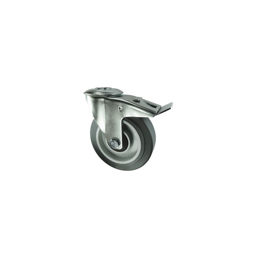 Medium Duty, Castor, 100mm, Braked, Swivel, Bolt Hole, Rubber, Grey
