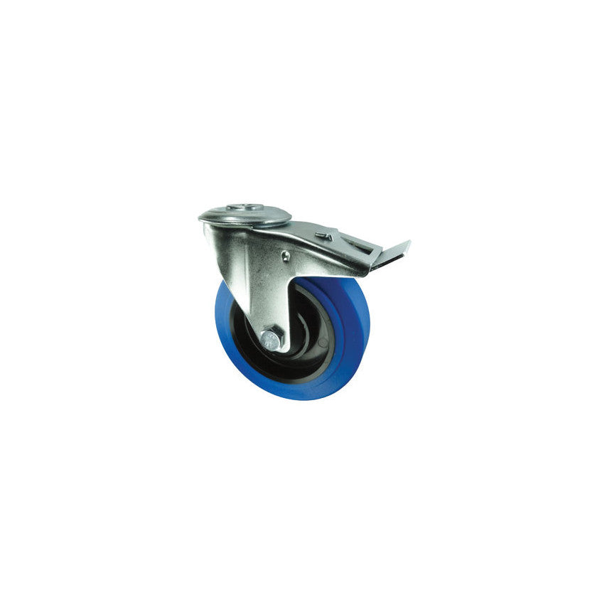 Medium Duty, Castor, 125mm, Braked, Swivel, Bolt Hole, Rubber, Blue