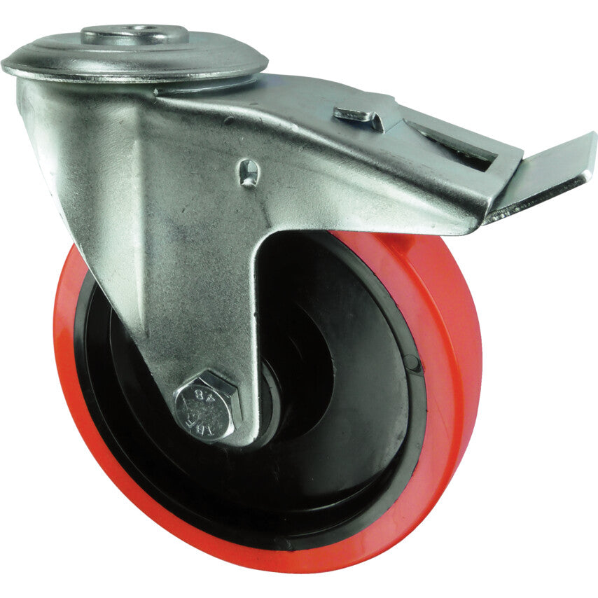 Medium Duty, Castor, 200mm, Braked, Swivel, Bolt Hole, Polyurethane, Red