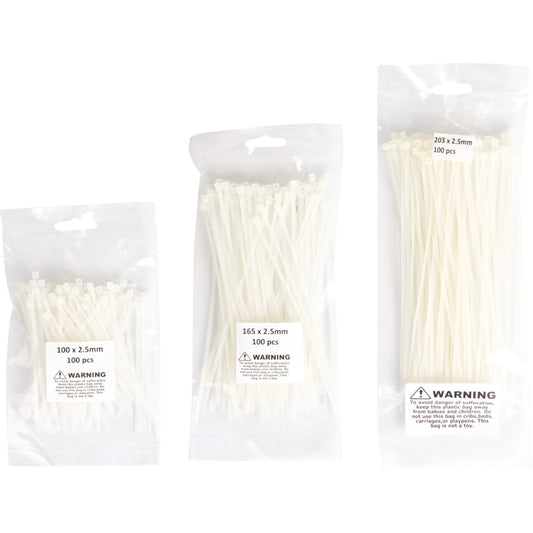 Cable Ties, Natural, 2.5mm Dia. & Assorted Length (Pk-300)
