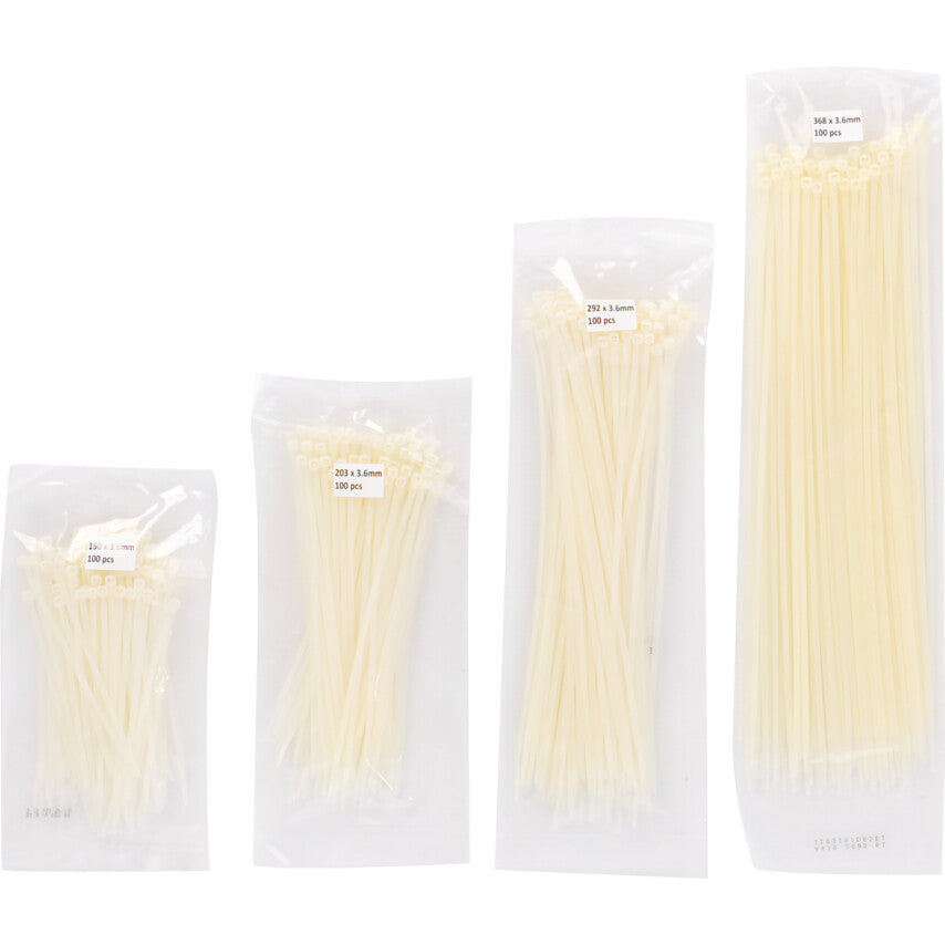 Cable Ties, Natural, 3.6mm Dia. & Assorted Length (Pk-400)