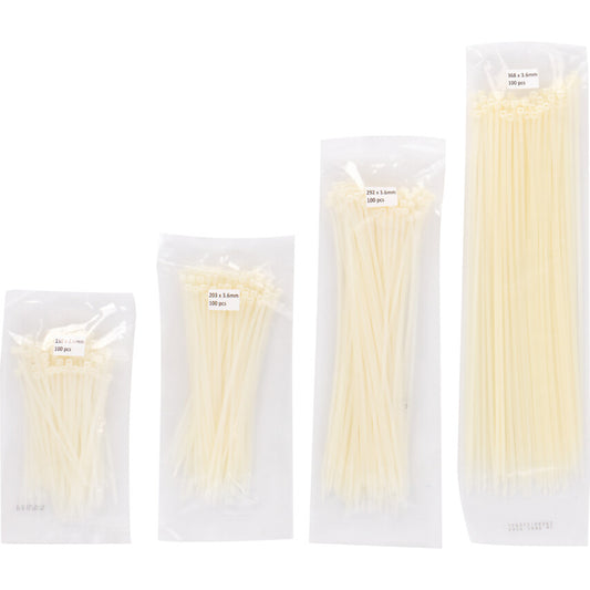 Cable Ties, Natural, 3.6mm Dia. & Assorted Length (Pk-400)