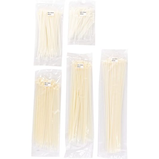 Cable Ties, Natural, 4.8mm Dia. & Assorted Length (Pk-500)