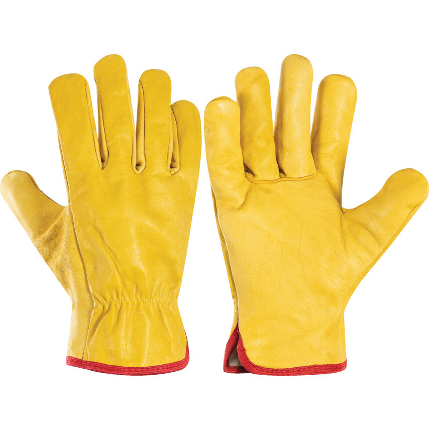 Leather Driver's Gloves, Cotton/Fleece Liner, Yellow, Size 10
