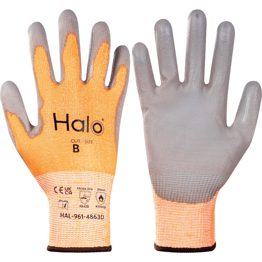 Cut Resistant Gloves, Grey/Orange, Polyurethane, Palm Coated, Cut B, Size 8