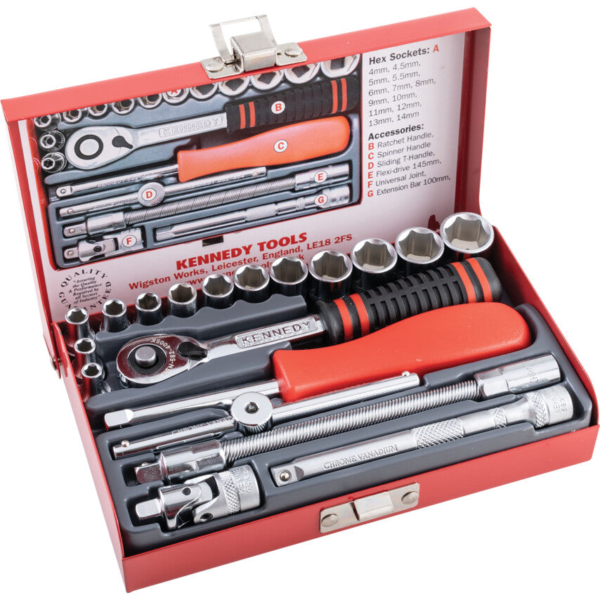 1/4in. Drive, Socket Set, Metric, 4mm - 14mm, Set of 19, Chromed Finish