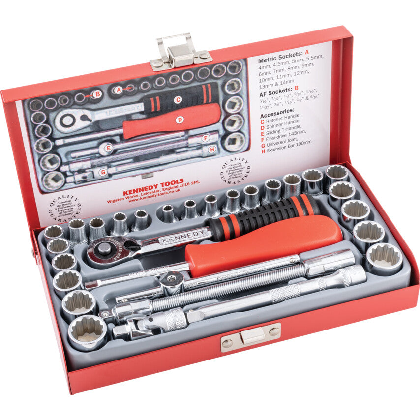 1/4in. Drive, Socket Set, Metric/Imperial/AF, 4mm - 14mm/3/16in. - 9/16in. Set of 29, Chromed Finish