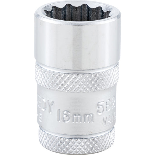 1/2in. Drive, Standard Bi-Hexagon Socket, 16mm, Metric, Polished Finish