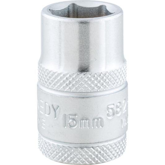 1/2in. Drive, Standard Hexagon Socket, 15mm, Metric, Polished Finish