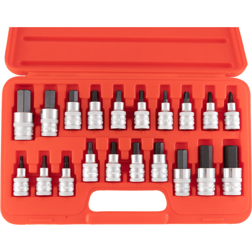 1/2in. Drive, Socket and Bit Set, Metric/Imperial, 4mm - 19mm/1/4in. - 3/4in. Set of 20, Chromed Finish