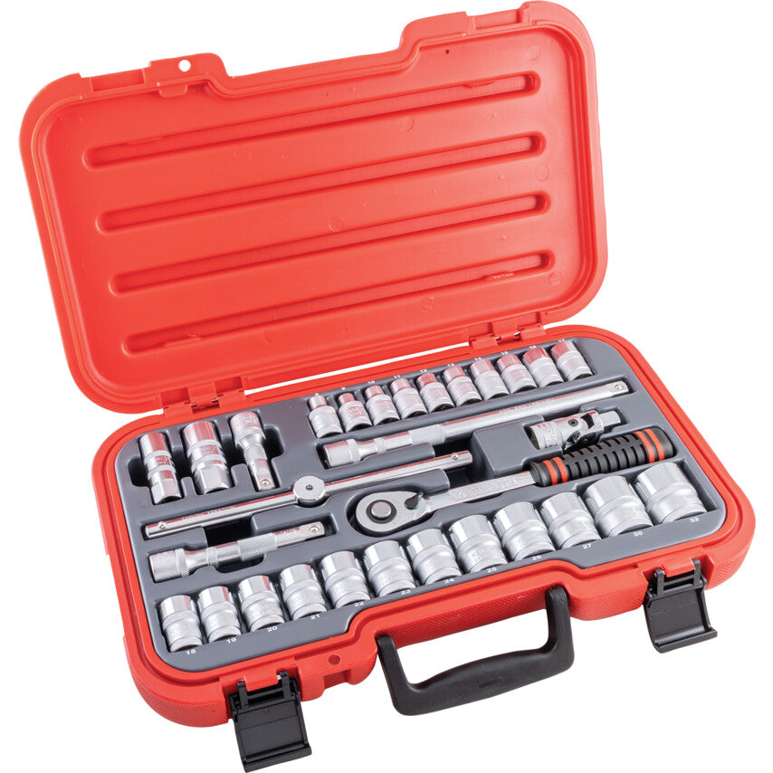 1/2in. Drive, Socket Set, Metric, 8mm - 32mm, Set of 30, Chromed Finish