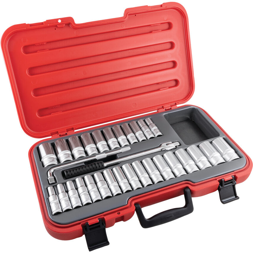 1/2in. Drive, Socket Set, Metric/Imperial/AF, 10mm - 32mm/1/2in. - 1.1/4in. Set of 30, Chromed Finish