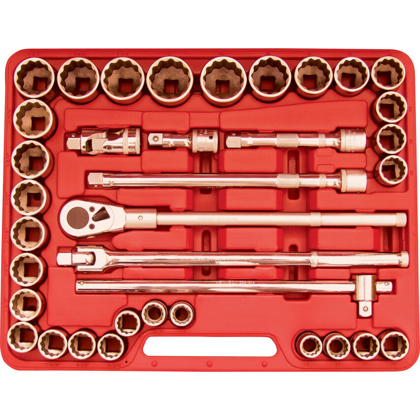 3/4in. Drive, Socket Set, Metric/Imperial, 22mm - 50mm/7/8in. - 2in. Set of 36, Chromed Finish