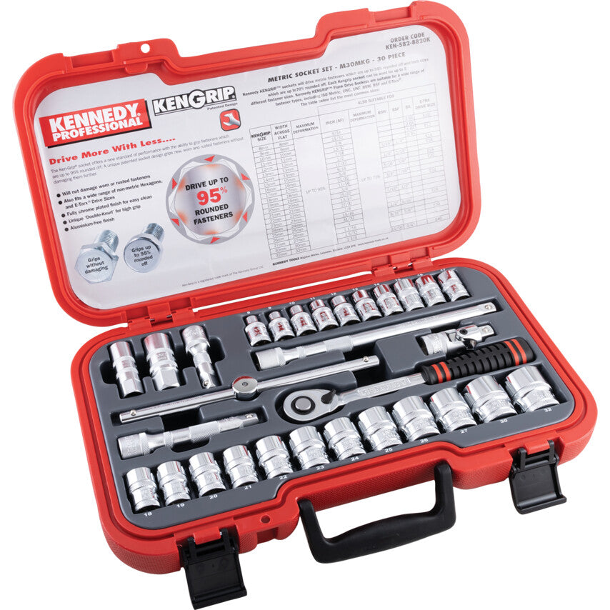 1/2in. Drive, Socket Set, Metric, 8mm - 32mm, Set of 30, Chromed Finish
