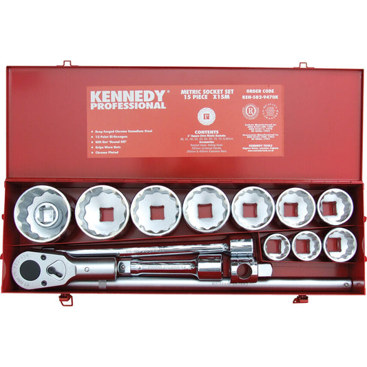 1in. Drive, Socket Set, Metric, 36mm - 80mm, Set of 15, Chromed Finish