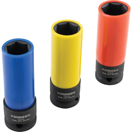 1/2in. Drive, Alloy Wheel Impact Socket Set, 17mm - 21mm, Metric, Plastic Finish, Set of 3