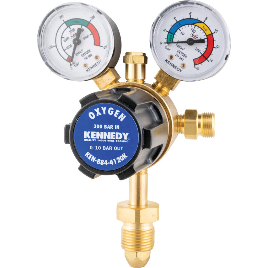 Single Stage 2 Gauge Oxygen Regulator, 10 Bar Outlet, 300bar Inlet, 5/8in BSP x 3/8in BSP Connection