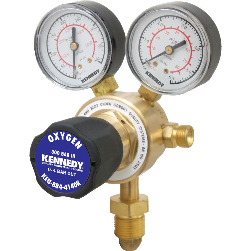 Single Stage 2 Gauge Oxygen Regulator, 4 Bar Outlet, 300bar Inlet, 5/8in BSP x 3/8in BSP Connection