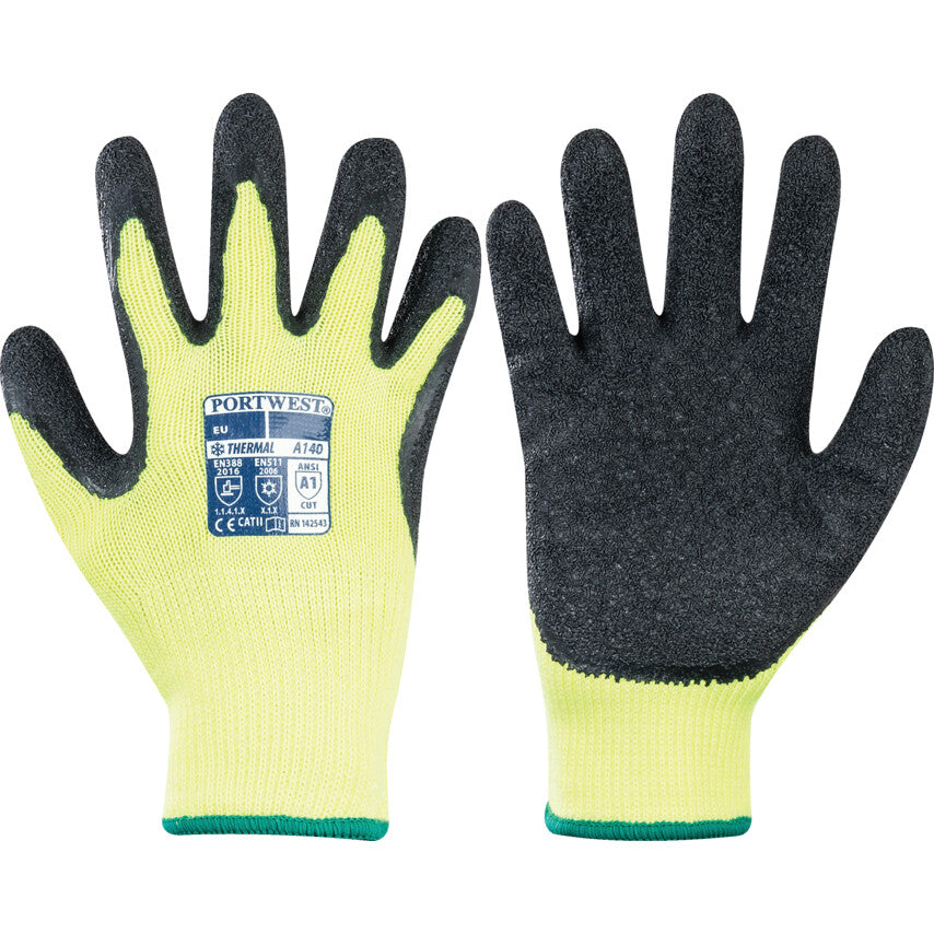A140, Cold Resistant Gloves, Black/Yellow, Latex Coating, Acrylic Lining, Size L, EN511:2006