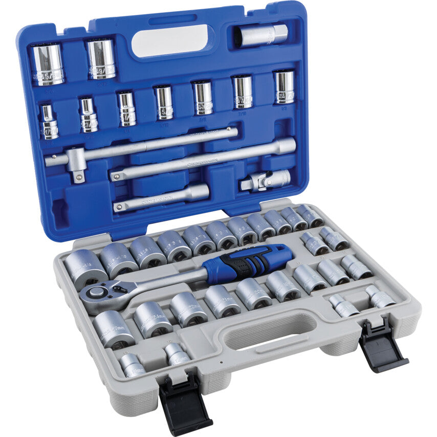 1/2in. Drive, Socket Set, Metric/Imperial/Whitworth, 10mm - 27mm/1/8in. - 1-1/4in. Set of 41, Matte Finish