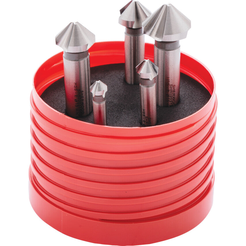 Countersink Set, Countersink, Straight Shank, Set of 5, Cobalt High Speed Steel, Uncoated