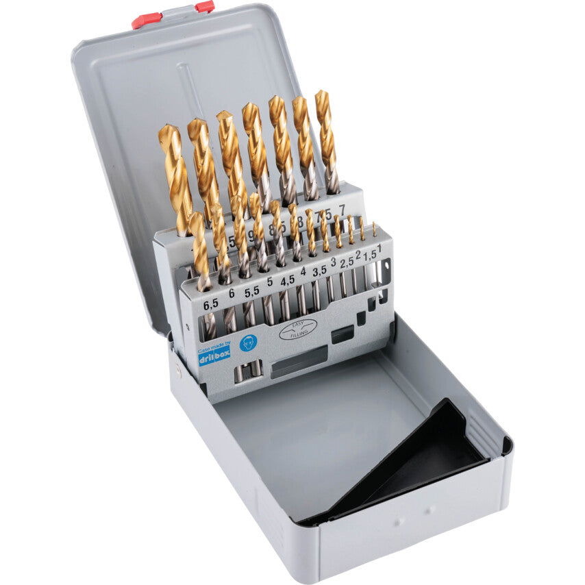 Jobber Drill Set, 1mm to 10mm x 0.5mm, Standard Length, Metric, High Speed Steel, TiN-Tipped, Set of 19
