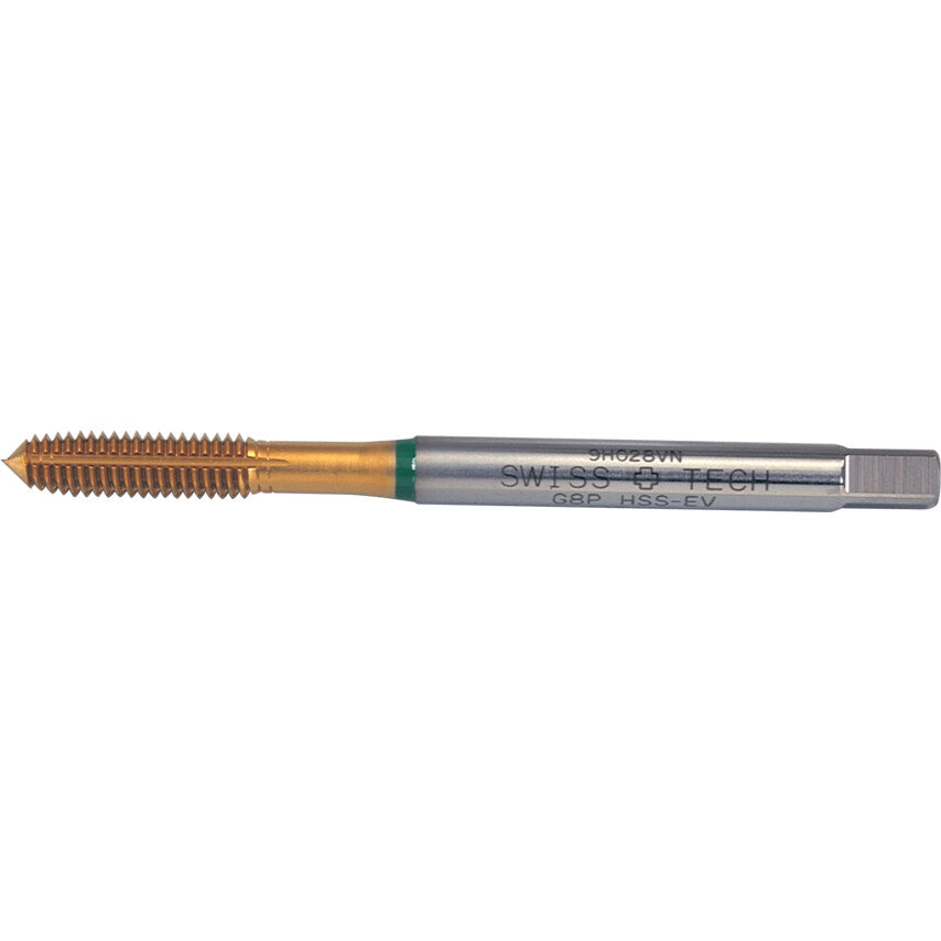 Machine Tap, M6 x 1.00 x 1mm, Metric Coarse, Fluteless, Vanadium High Speed Steel, TiN, Green