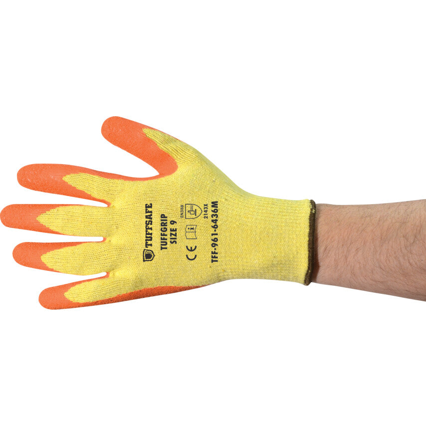 Tuffgrip Mechanical Hazard Gloves, Orange/Yellow, Cotton/Polyester Liner, Latex Coating, EN388: 2016, 2, 1, 4, 3, X, Size 9