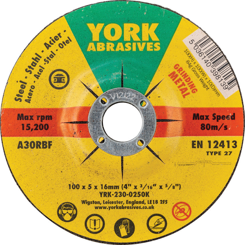 Grinding Disc, 30-Medium/Coarse, 100 x 5 x 16 mm, Type 27, Aluminium Oxide